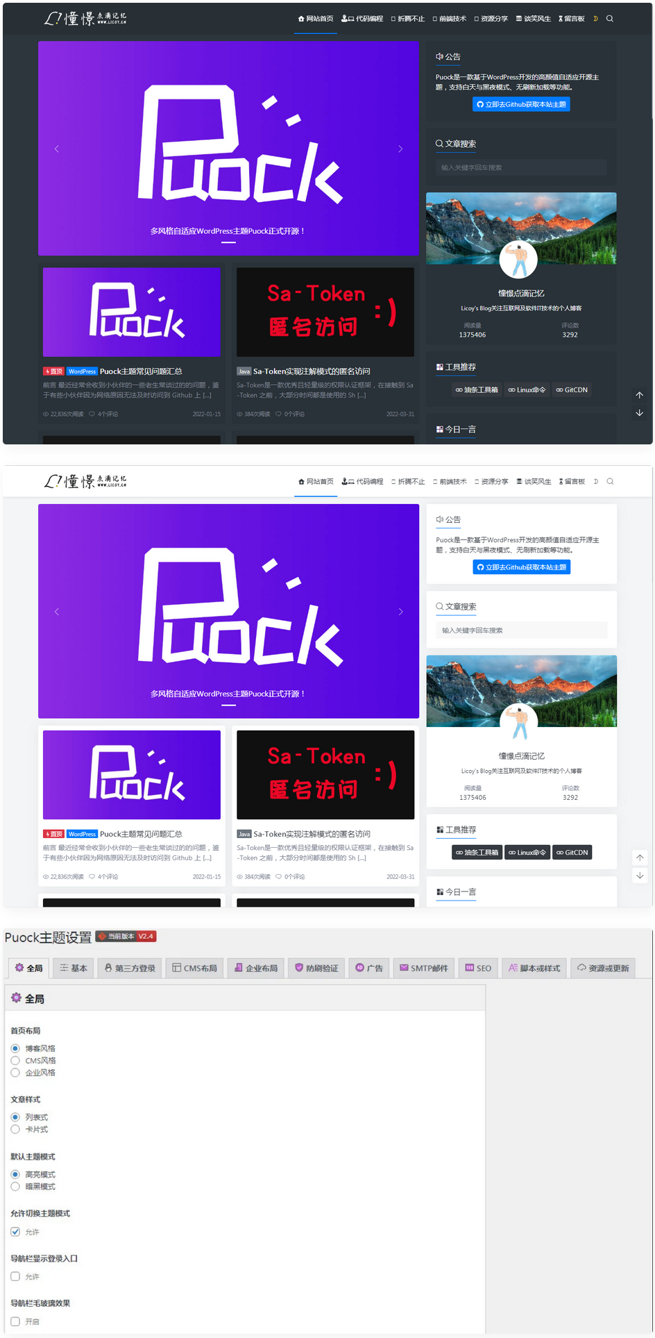 WordPress自适应白天暗夜高颜值无刷新加载首页支持三种布局 v2.4-小栈资源网