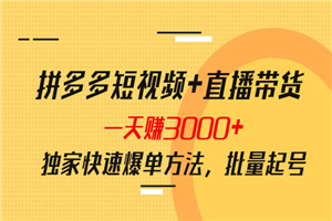 拼多多短视频+直播带货，一天赚3000+独家快速爆单方法，批量起号-小栈资源网