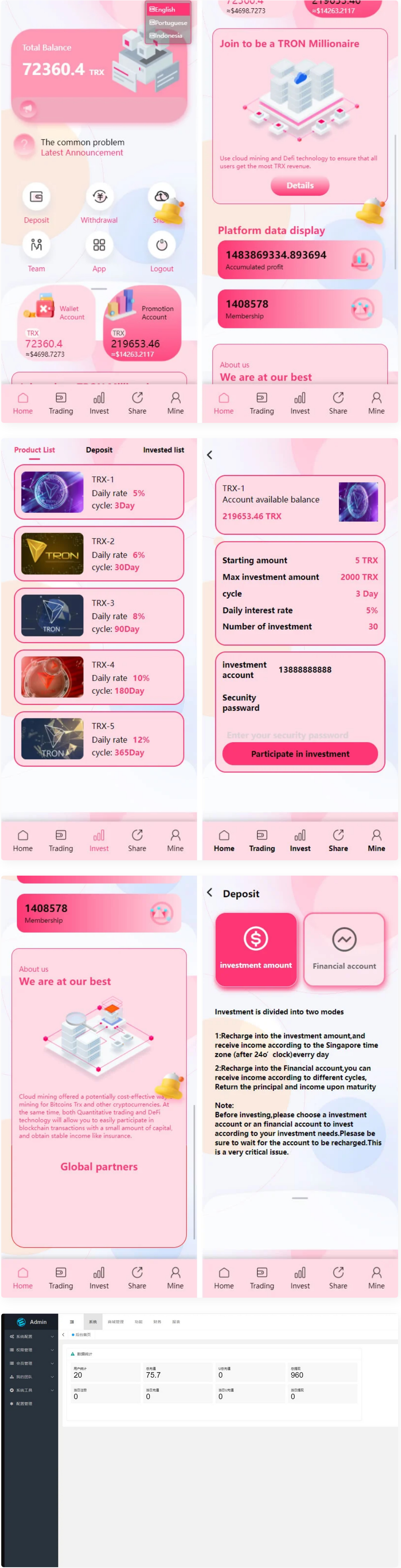 图片[1]-价值500u的trx粉色UI多语言理财网站系统源码-小栈资源网